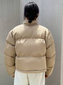 DAZY Abrigo corto acolchado de unicolor y grueso para mujer, ropa de invierno para mujer, chaqueta de invierno para mujer - Caqui - Ver 2