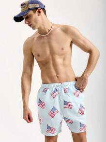 Zalmeno Men's American Flag Printed Drawstring Summer Beach Shorts - Multicolor - View 5