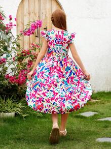 SHEIN Girls' Vacation Short Front Long Back Printed Dress - Multicolor - View 2