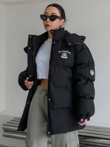 DAZY Damen-Kapuzenmantel mit Buchstaben-Muster und Wattierung, Winterbekleidung für Damen, Wintermantel Damenjacke Schule - Schwarz - Übersicht 4