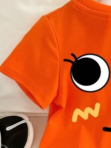 SHEIN 可爱卡通笑脸印花橙色短袖圆领 T 恤，女婴休闲简约夏装，背面为棉质 - 橘色 - 查看 4
