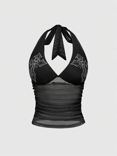 Goth Top de cuello halter fruncido con abertura lateral transparente para mujeres, decorado con cruz de pedrería