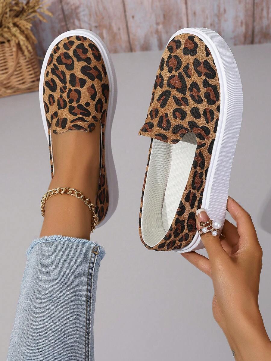 Ladies' Slip-On Loafers, Casual, Orange Sports Shoes, Women's Sports Shoes, Fashionable, Breathable, Large Size, Fabric Design With Breathable Comfortable High Platform, Versatile With Multi-Colored Leopard Print Sports Shoes, Random Color - Multicolor - View 1