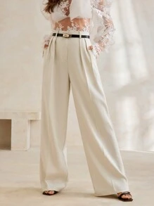 Anewsta Solid Color With Pockets Urban Elegant Women Wide-Leg Trousers