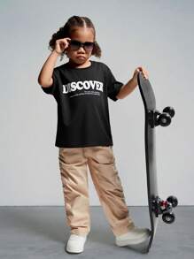 SHEIN Ensemble de T-shirt à manches courtes en tricot pour jeune fille avec conception d'impression de lettre et pantalon long plissé avec poches inclinées - Noir - Voir 6