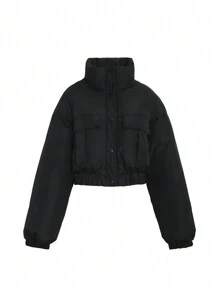 DAZY Women's Stand Collar Short Padded Coat With Pockets, Winter ,Winter Women Clothes,Winter Coat Women Jacket - Black - View 3