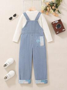 Vintage Patchwork Overalls Jumpsuit For Kids, Denim Suspender Pants - Blue - View 2