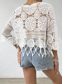 SHEIN Swim 针织镂空流苏下摆罩衫，适合度假休闲夏季 - 白色 - 查看 2