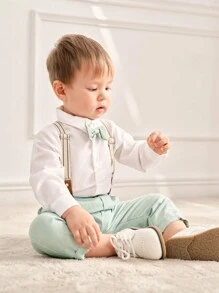 Souflis Souflis 嬰兒男孩優雅西裝，長袖襯衫，套裝吊帶褲，蝴蝶結，可愛的學院風格 - 綠色 - 查看 1
