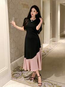 DAZY Color Block Round Neck Women's Short Sleeve Summer Dress,Ruffle - Black - View 5