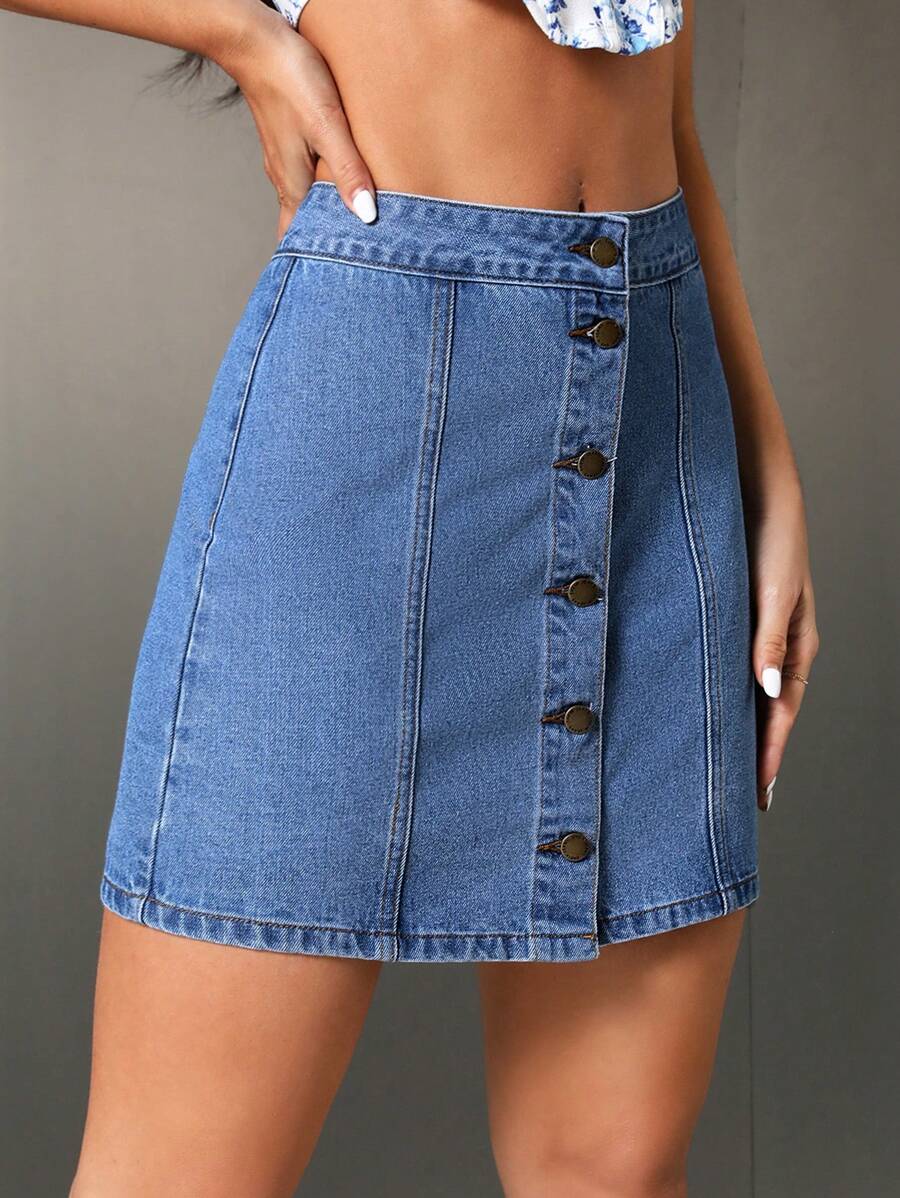 SHEIN Tall Falda vaquera de mujer con botones delanteros sólidos - Azul - Ver 1