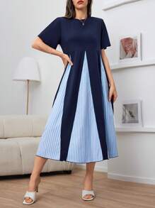 Solavon Women's Round Neck Striped Print Colorblock Short Sleeve Summer Dress - Navy Blue - View 5