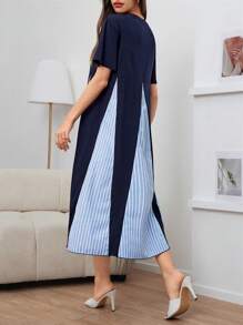 Solavon Women's Round Neck Striped Print Colorblock Short Sleeve Summer Dress - Navy Blue - View 6
