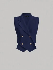 SHEIN MOD Concert Date Night Tops Women's Lapel Double Breasted Vest Suit Jacket Back To School Outfits Old Money Style In Fall/Winter - Navy Blue - View 1