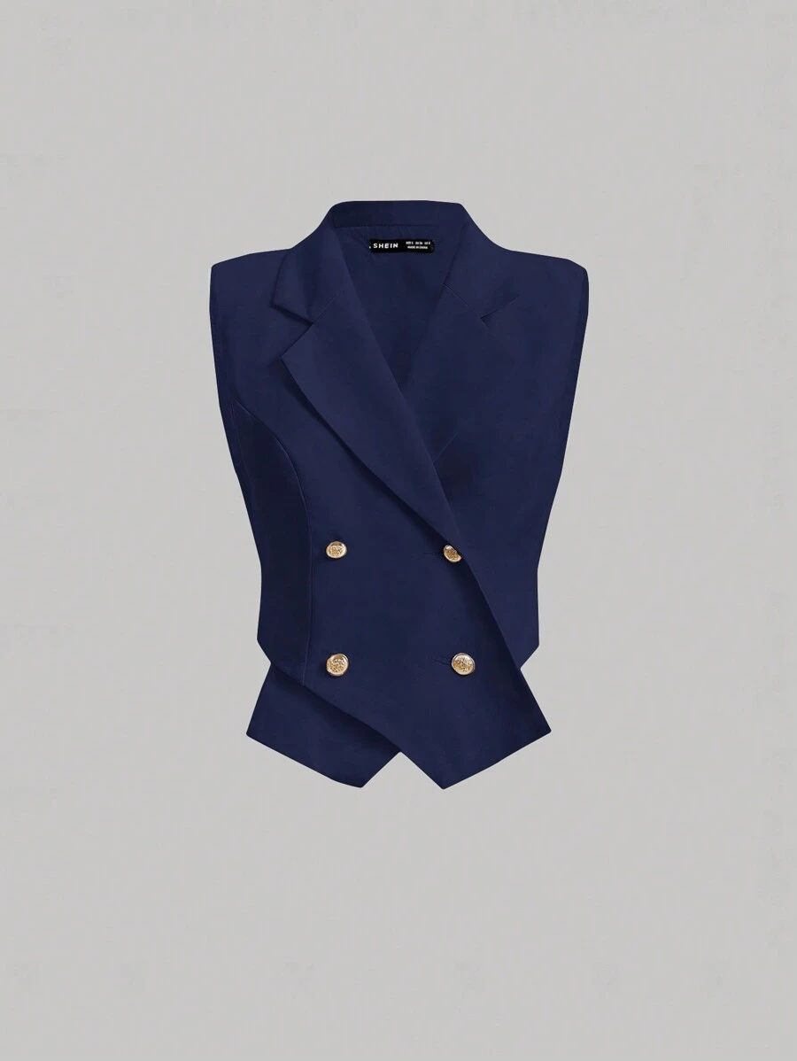 SHEIN MOD Concert Date Night Tops Women's Lapel Double Breasted Vest Suit Jacket Back To School Outfits Old Money Style In Fall/Winter - Navy Blue - View 1