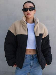 DAZY Women's Casual Colorblock Stand Collar Padded Coat, Winter ,Winter Women Clothes,Winter Coat Women