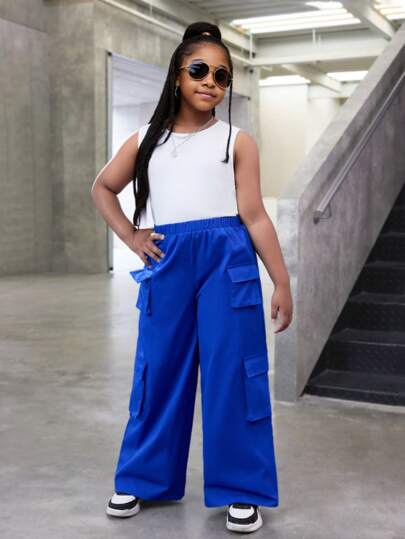 SHEIN Tween-Mädchen, erweiterte Größe,, Streetstyle Sportfreizeit gestricktes Top und einfarbige webgefertigte Cargohose Set