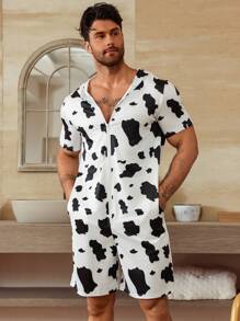 Men's Cow Print Hooded Short Sleeve Loungewear Romper - Black and White - View 7