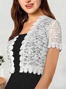 Camellia Lace Short Sleeve Cardigan Jacket For Women - White - View 1