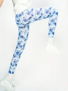 SHEIN Tween Girls' Printed Compression Workout Yoga Pants - Blue and White - View 2