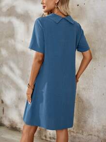 EMERY ROSE Ladies' Solid Color Round Neck Dress With Tie And Pockets, Short Sleeve, Summer Linen Dress Teacher Clothes - Blue - View 2