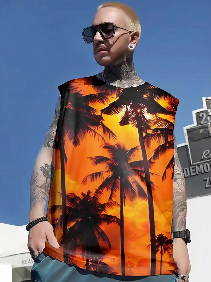 男士夏季度假棕櫚樹印花休閒圓領背心 - 彩色 - 查看 1