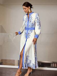 Sollinarry 女式秋季新款腰果花卉印花长袖连衣裙 - 藍色 - 查看 4