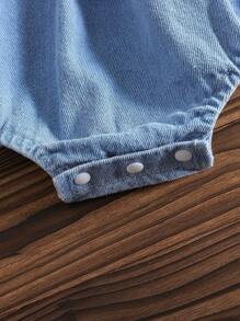 SHEIN Baby Girl Solid Color Round Neck Long Sleeve Jumpsuit And Denim Overalls With Patches, Summer Casual Outfit