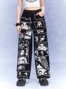 Corpse Bride | ROMWE Casual Dark-Tone Cartoon Printed Wide-Leg Jeans - Black - View 6