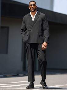Manfinity Mode Men's Plus Size Spring/Autumn Classy Collar Long Sleeve Suit Jacket And Pants Business Travel Suit Set - Black - View 1