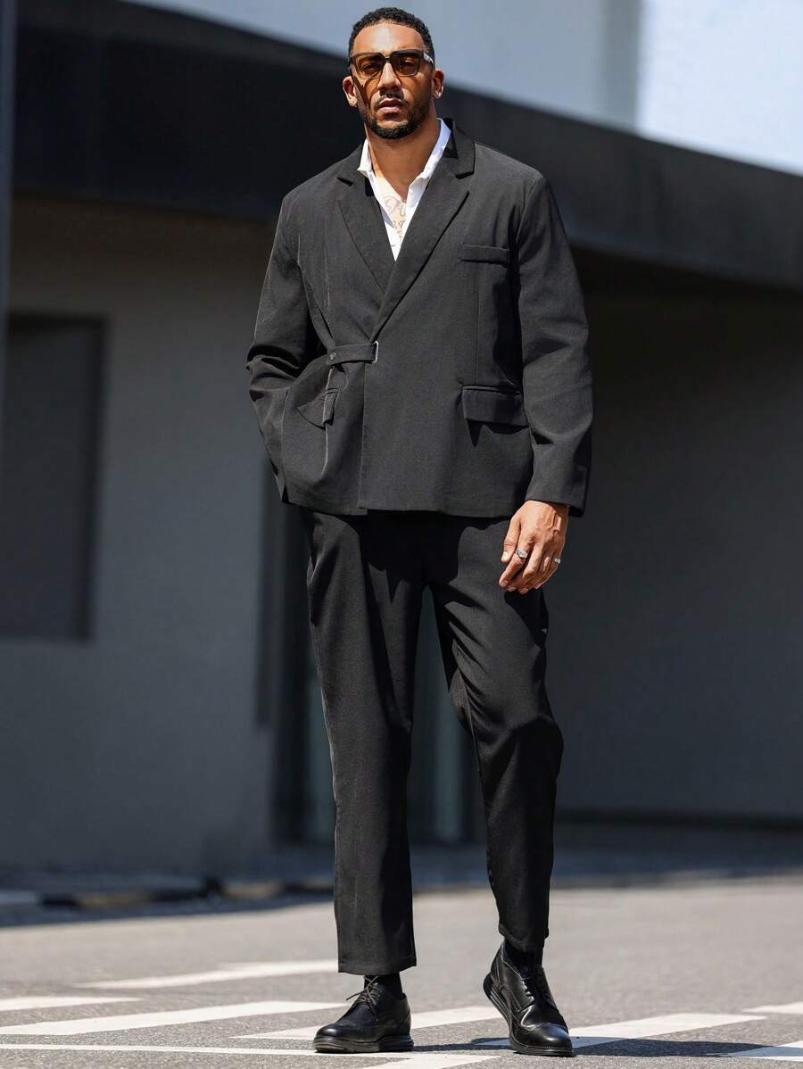 Manfinity Mode Men's Plus Size Spring/Autumn Classy Collar Long Sleeve Suit Jacket And Pants Business Travel Suit Set - Black - View 1