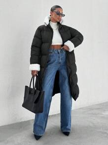 EURMUSE Furry Wrist And Neck Long Puffer Coat - Black - View 1