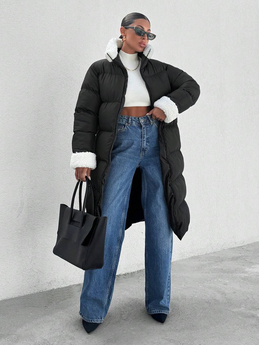 EURMUSE Furry Wrist And Neck Long Puffer Coat - Black - View 1