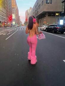 Women's Cute Y2K Backless Halter Neck Ruched Jumpsuit Elegant Pink Summer - Pink - View 4