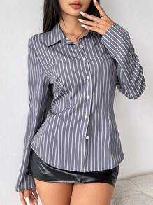 Chiquease 女式休閒條紋長袖襯衫，適用於春季/夏季/秋季 - 淺灰色 - 查看 5