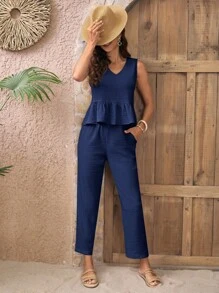 EMERY ROSE Bộ đồ hai mảnh áo không tay đơn giản mặc hàng ngày màu trơn và quần dài cho nữ - Màu xanh hải quân - Xem 1