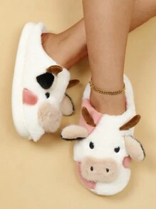 女士卡通可爱奶牛图案室内保暖拖鞋，适合居家穿着 - 粉色 - 查看 3