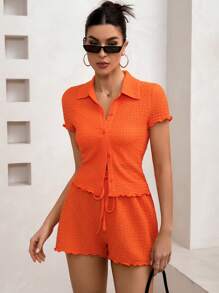 SHEIN Essnce Conjunto de dos piezas de verano naranja de talla grande, conjunto de dos piezas de verano con pantalón corto, ropa de regreso a clases para niñas preadolescentes, conjunto de ropa para mujeres incluye pantalón corto y top, ropa de concierto para mujeres en estilo Y2k y conjunto de dos piezas - Naranja Quemada - Ver 7