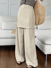 DAZY 女士纯色不对称裙摆阔腿裤，教师裤 - 杏色 - 查看 9