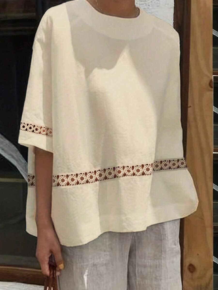 SHEIN LUNE Áo sơ mi tay Raglan rỗng thông thường - Màu be - Xem 1