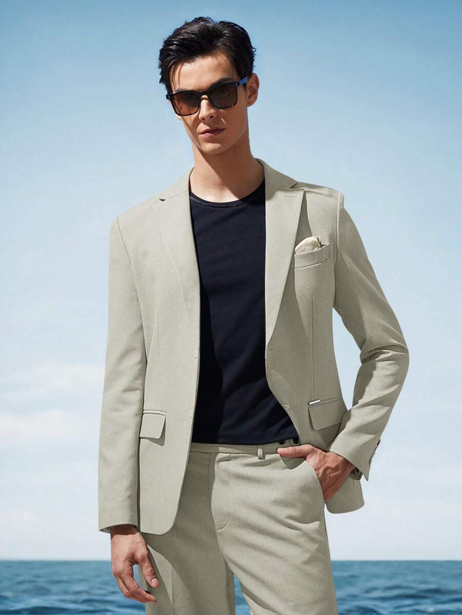 AKNOTIC Business Casual 易护理男士亚麻商务西装外套，秋冬款 - 灰色 - 查看 1