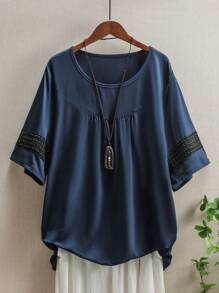 Mulvari Plus Size Kỳ nghỉ thông thường Colorblock Lace Panel Top - Màu xanh hải quân - Xem 1