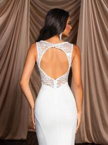 SHEIN Belle Elegant And Gorgeous Embroidered Sequined Lace Stitching Stretch Knitted Sexy Backless Floral Edge Tight Fishtail Extra Long Train Mesh Fishtail Suitable For Wedding Events Bachelor Party Vacation Graduation Season Prom Formal Wedding Dress White Bridal Dress - White - View 6