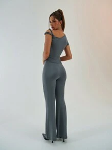 Aloruh Simple Commuting & Sports Gray Bodycon Jumpsuit For Women With Asymmetrical Sleeves And Floor-Length Design - Grey - View 2