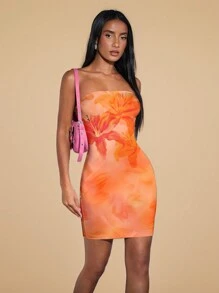 SHEIN BAE 女士碎花无肩带迷你连衣裙，适合夏季海滩度假/复活节/狂欢节/夏季/优雅女士连衣裙/复活节/女士沙滩装/女士度假装/复活节连衣裙/复活节连衣裙/狂欢节/夏季/优雅女士连衣裙/复活节/女士沙滩装/女士度假装/复活节连衣裙/毕业礼服/无肩带上衣，适合外出穿着 - 珊瑚橙 - 查看 3