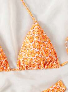 SHEIN Swim Conjunto de bikini sexy para mujer con estampado floral de verano naranja en diseño halter con nudos en el cuello, impresión aleatoria - Naranja - Ver 4