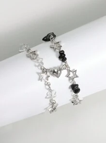 ROMWE Grunge Punk 2pcs Punk Style Black And White Crystal Star Bracelet Set, Silver Jewelry Suitable For Daily Wear, Valentine's Day Gift, Friendship Matching Bracelet,Mom,Mother,Mother's Day,Gift - Multicolor - View 2