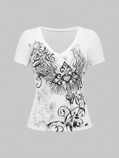 Goth Camiseta casual de cuello en V con estampado cruzado de manga corta para mujeres, escuela