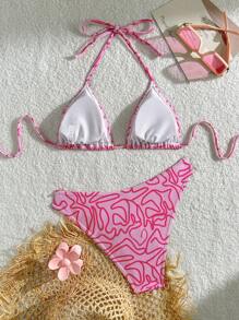 Swim Mod Bộ Bikini Dây Cổ In Sọc Gợi Cảm Cho Nữ, Trang Phục Đi Biển Mùa Hè, In Ngẫu Nhiên - Nhiều màu - Xem 2