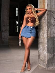 SHEIN SXY Váy denim thông thường có nút phía trước viền bất đối xứng dành cho nữ - Rửa tối - Xem 5